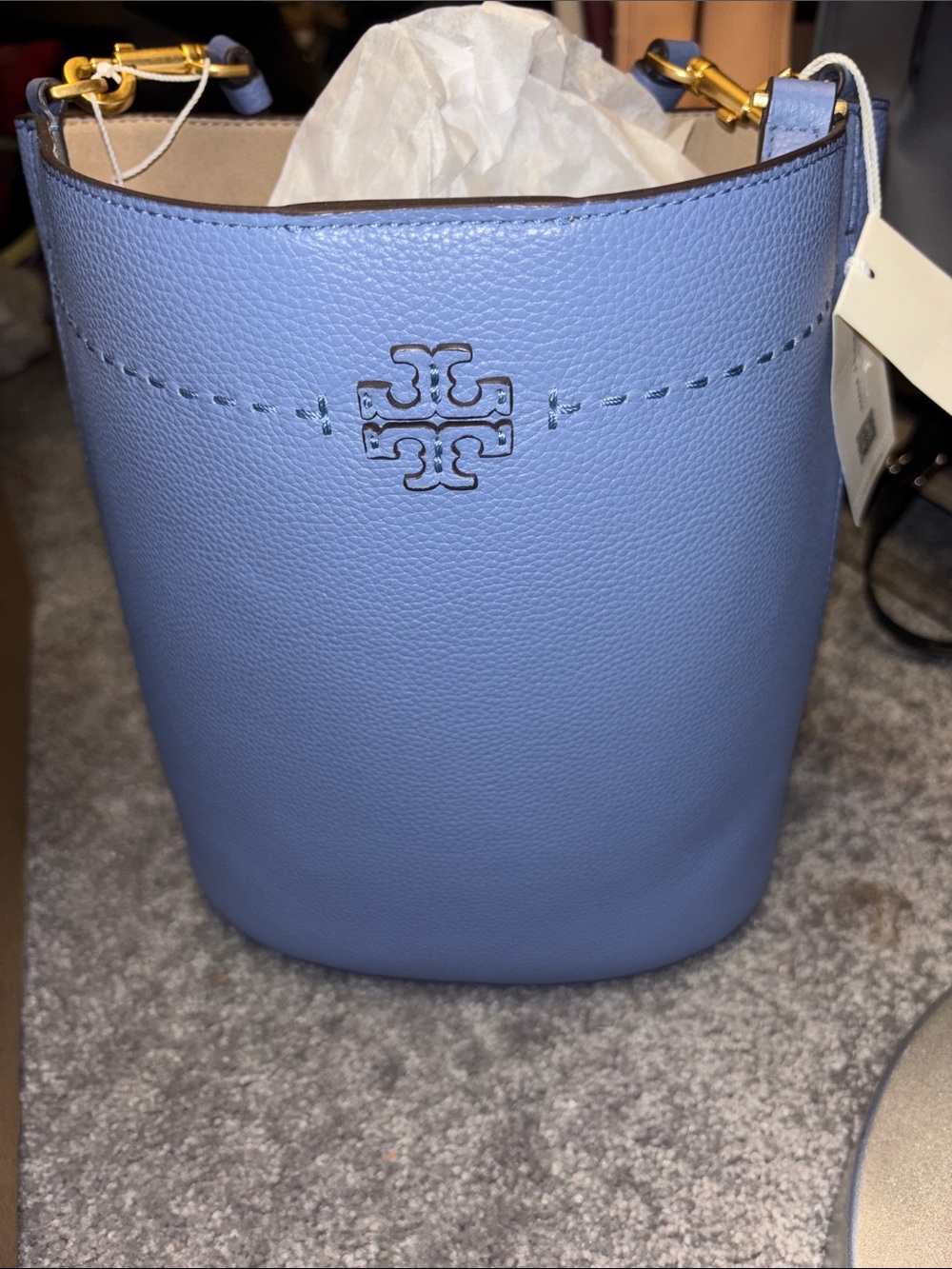 Tory Burch Periwinkle Blue Leather Bucket Shoulder Bag with Gold Hardware